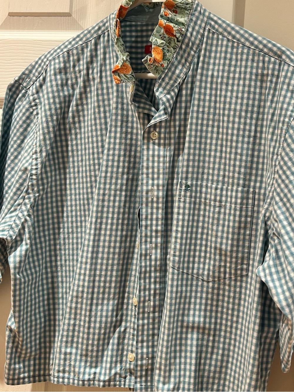 Izod Light Blue and White Gingham Button-Down Shirt up cycled.